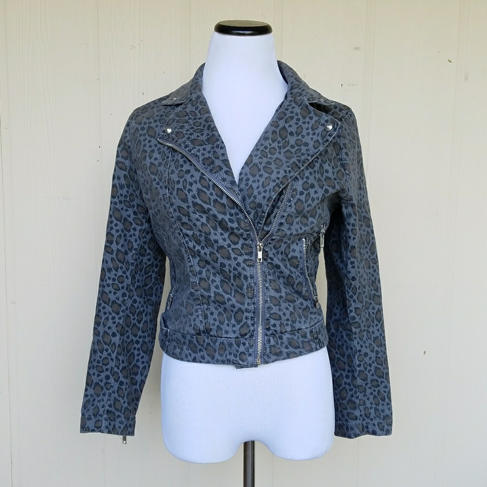 H&M stretch cropped denim style biker jacket S10